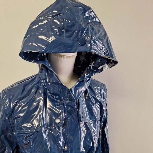 dll Rainwear Cats Dogs Jacket Blue Hooded Pockets Belt Womens Size 14 Snap - Picture 3 of 13